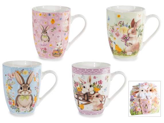 Mug en porcelaine de 300 ml décoré de lapins et de fleurs