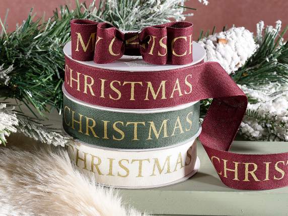 Nastro in raso 25 mm con stampa Merry Christmas dorata