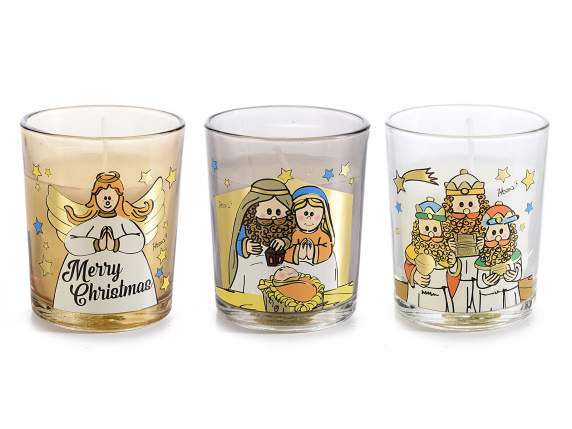 Nativity set with 3 scented candles in glass jar