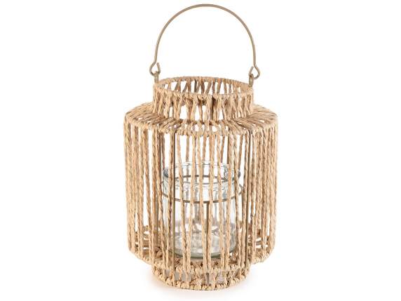 Natural fiber lantern with glass candle holder and handle