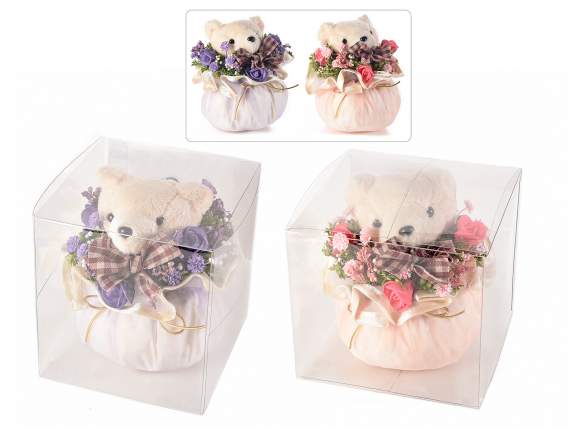 Organza bag with teddy bear and artificial flowers