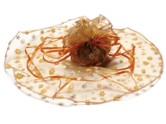 Organza tulle with tie, round with floral print