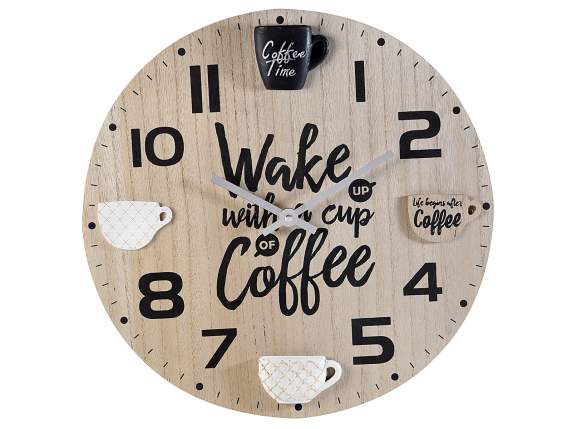 Orologio da parete in legno con tazzine da caffè in rilievo