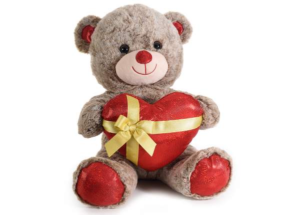 Orsetto di peluche con cuore imbottito e fiocco dorato