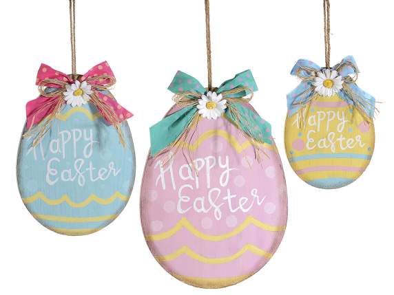 Set de 3 oua din lemn decorate cu fundite si flori de agatat