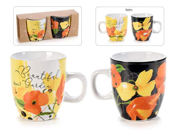 Pack of 2 ceramic cups with Poppies & Geranium print