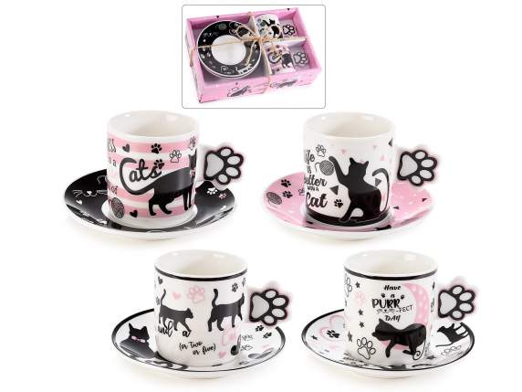 Pack of 2 porcelain cups and saucers with Pretty cat decorat