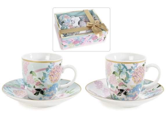 Pack of 2 porcelain cups w / saucer and floral decorations