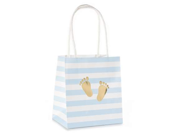 Pack of 25 blue striped paper bags with golden feet