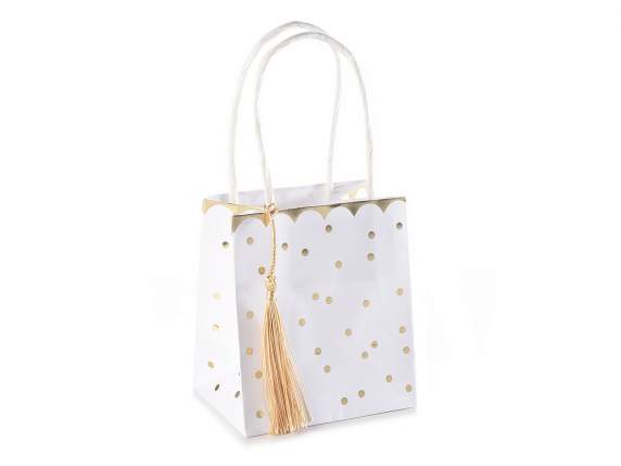 Pack of 25 paper bags with golden polka dots, border and tas
