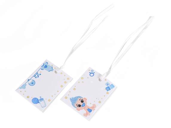 Pack of 25 white paper tags with Birth print and satin ribbo