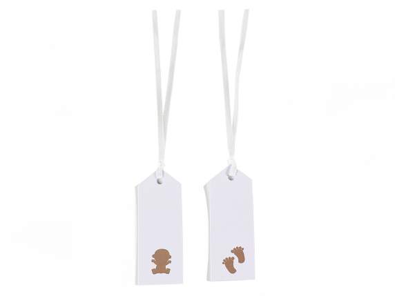 Pack of 50 white paper tags with Birth print and satin ribbo