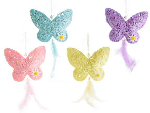 Padded butterfly with sequins and feather to hang