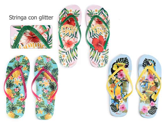 Paio infradito donna c/stampa Tropical e stringa glitter