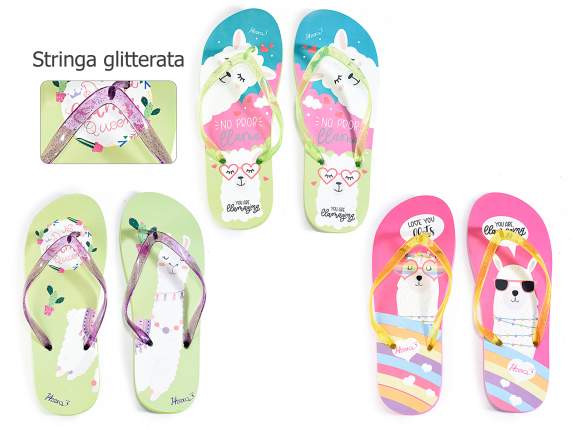 Pair of woman flip flop with ''Happy Lama'' print