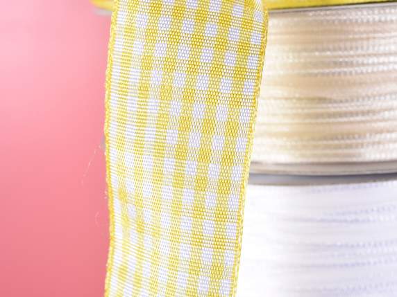 Panglica galbena în carouri, 25 mm, cu model floarea-soarelu