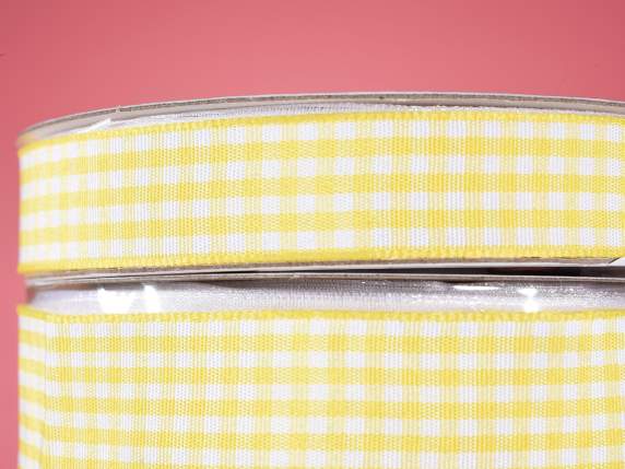 Panglica galbena în carouri, 15 mm, cu model floarea-soarelu