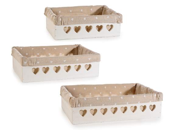 Lot de 3 paniers en bois blanc avec sculptures cœur et tissu