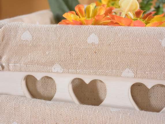 Lot de 3 paniers en bois blanc avec sculptures cœur et tissu