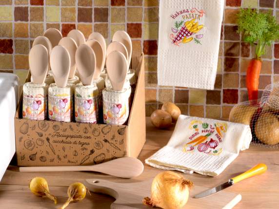 Paño de cocina de algodón bordado con cuchara de madera