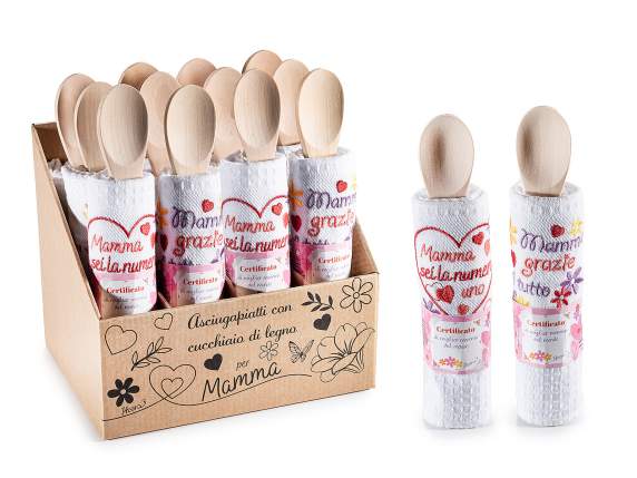 Paño de cocina de algodón bordado con cuchara de madera
