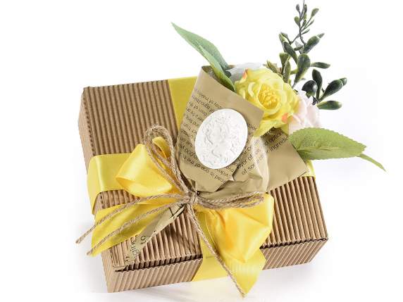 Kraft paper bouquet w - fabric flowers and plaster decoratio