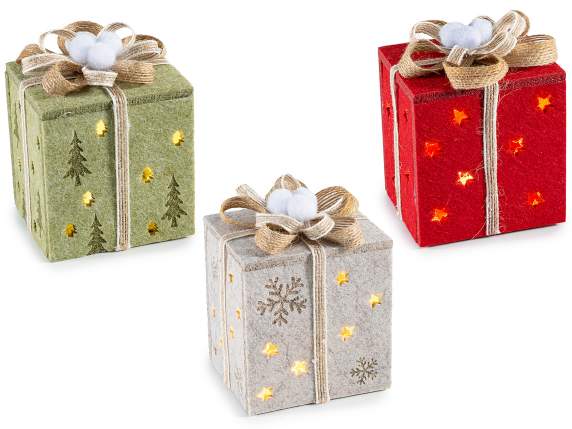 Caja de regalo de tela con lazo, decoraciones talladas y luz