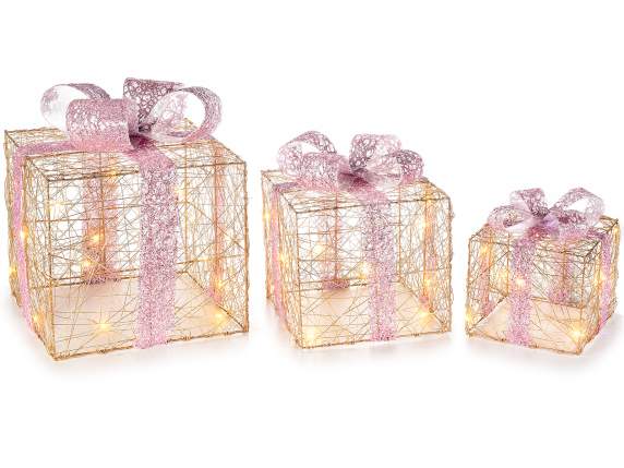 Juego de 3 cajas de regalo de metal con luces blancas