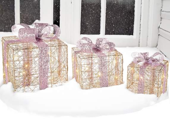 Juego de 3 cajas de regalo de metal con luces blancas