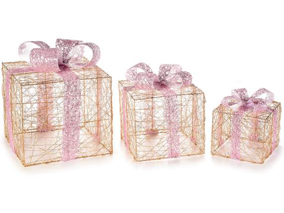 Juego de 3 cajas de regalo de metal con luces blancas