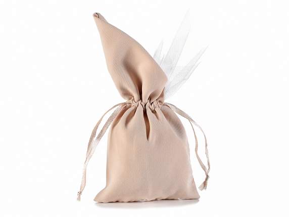 Peach effect ecru fabric bag with tulle interior