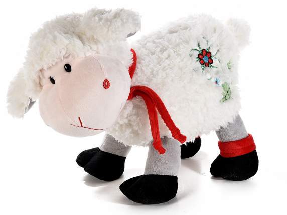 Pecorella di peluche con decoro fiore e fiocco