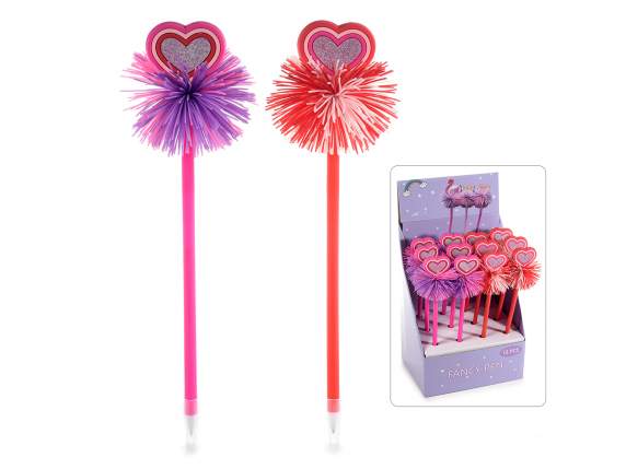 Penna a sfera c/ cuore e pompon in silicone in espositore