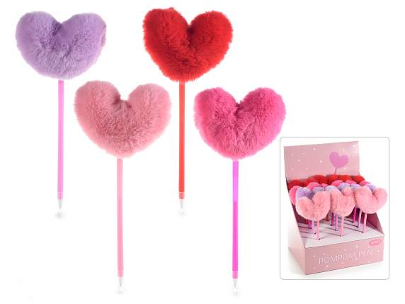 Penna a sfera con cuore in finto pelo in espositore