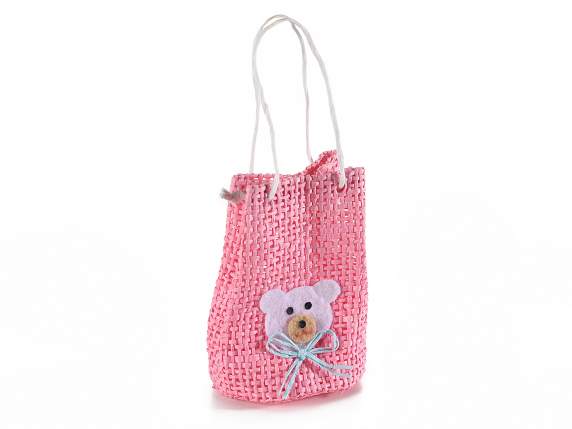 Pink paper bag with handles and applied teddy bear