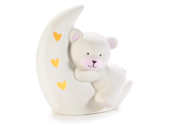 Pink teddy bear on porcelain moon with led light and hearts