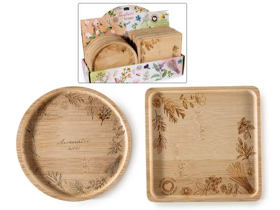 Assiette-plateau en bois orné de motifs botaniques gravés