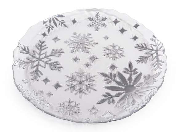 Plato redondo en cristal alimentario con relieves plateados