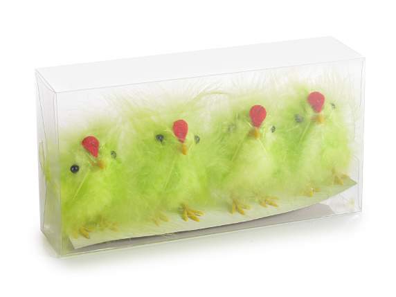 Caja de PVC con 4 gallinas con plumas de colores reales.