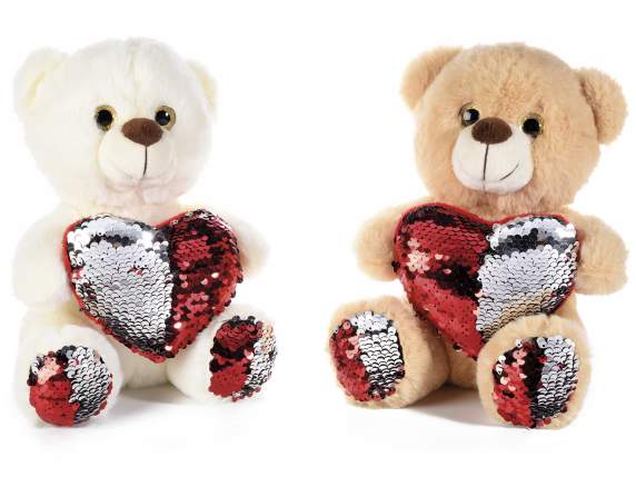 Plush teddy bear with heart and reversible sequin paws