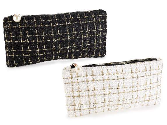 Pochette case in tweed fabric with golden threads and zip