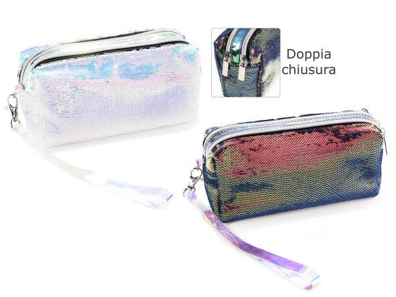 Pochette paillettes iridescenti c/doppia tasca, zip e laccio