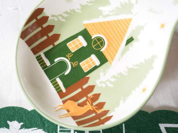 Poggiamestolo in ceramica decoro Winter Village e fiocco