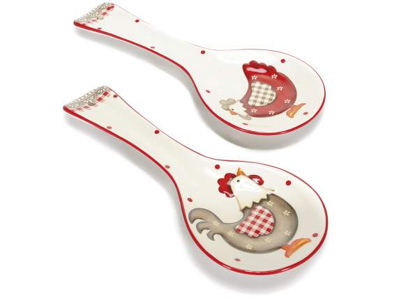 Poggiamestolo in ceramica con gallina colorata