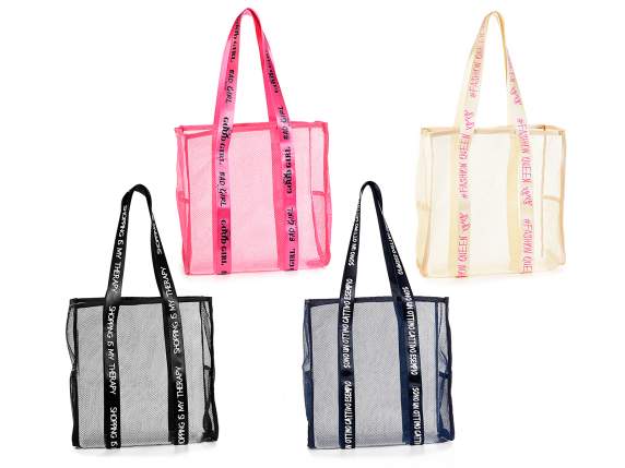 Polyester mesh shopper bag with print on the handle