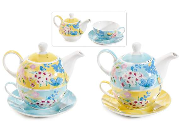 Porcelain cup and teapot set with floral decorations