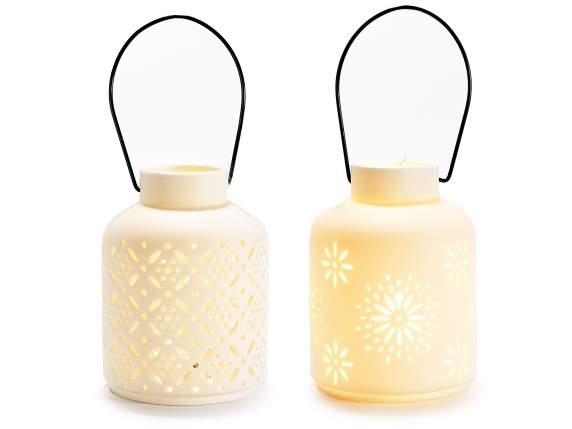 Opaque porcelain lantern with carved decorations, lights and