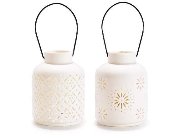 Opaque porcelain lantern with carvings, lights and handle