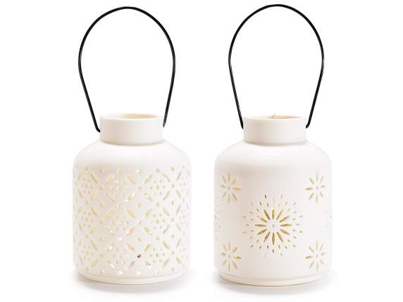 Opaque porcelain lantern with carved decorations, lights and