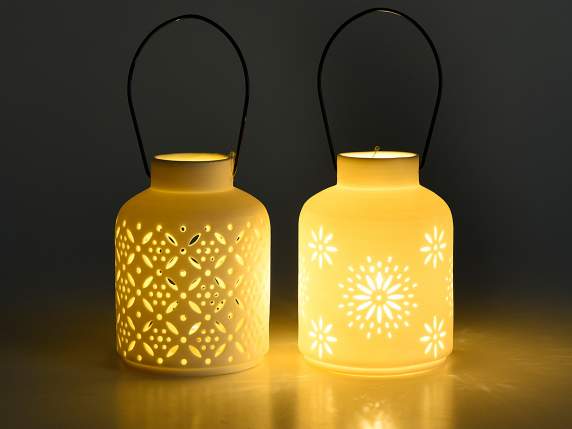 Opaque porcelain lantern with carved decorations, lights and